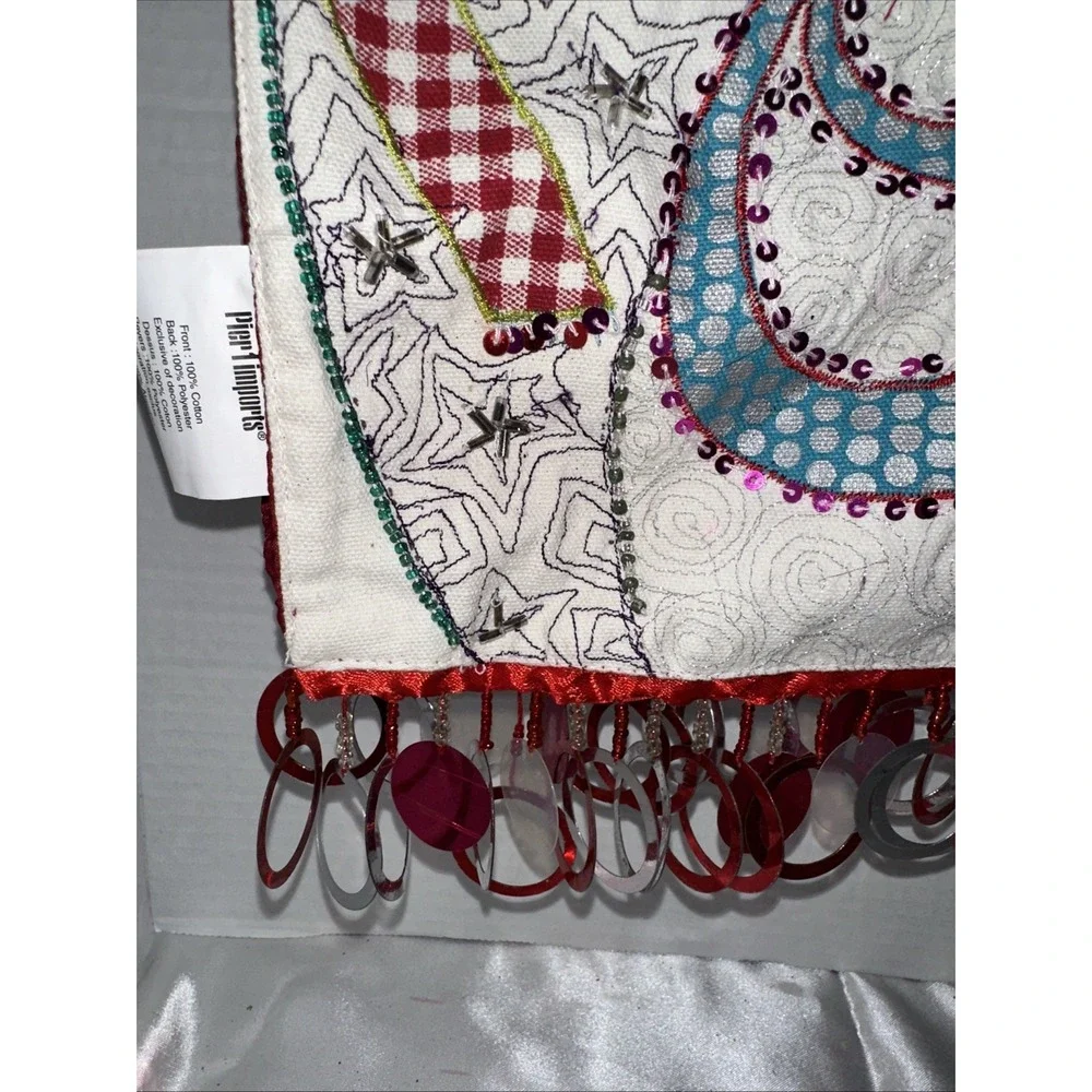 Pier 1 Imports Snowman Christmas Table Runner Embroidered Beaded Fringe 108x13